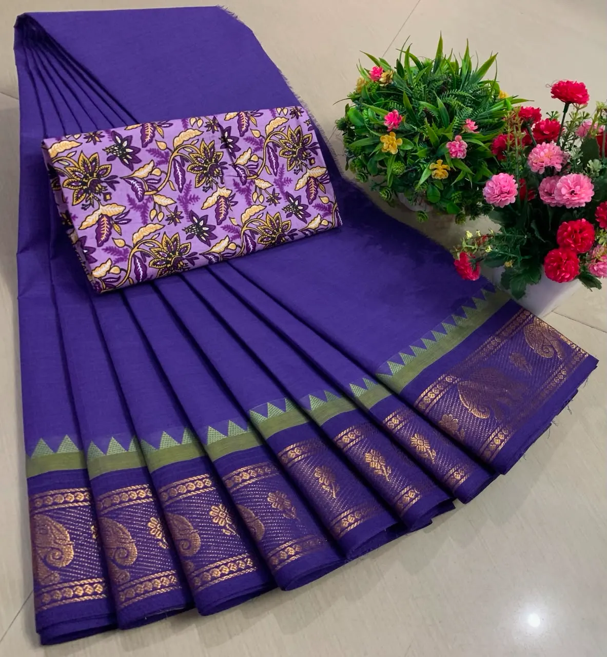 Lavender Purple Chettinadu Pure Cotton Saree with Kalamkari Blouse